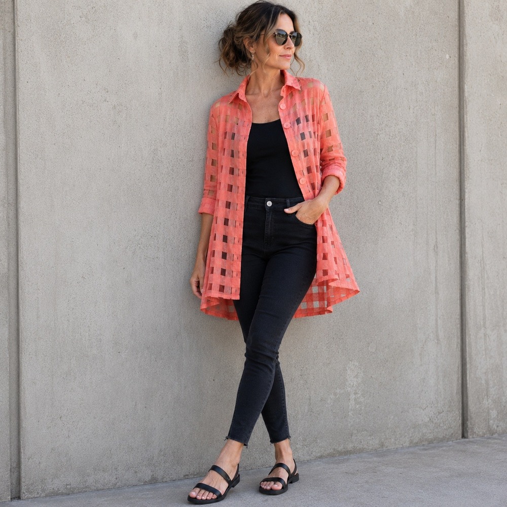 Boho Chic Jacket Top Coral Sheer Windpane Linen Blend Artsy Boutique Size S